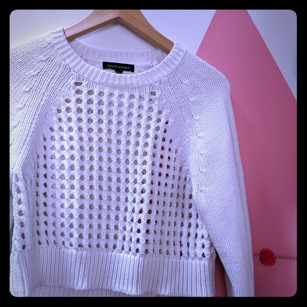 Banana Republic White Cotton Open Knit Sweater